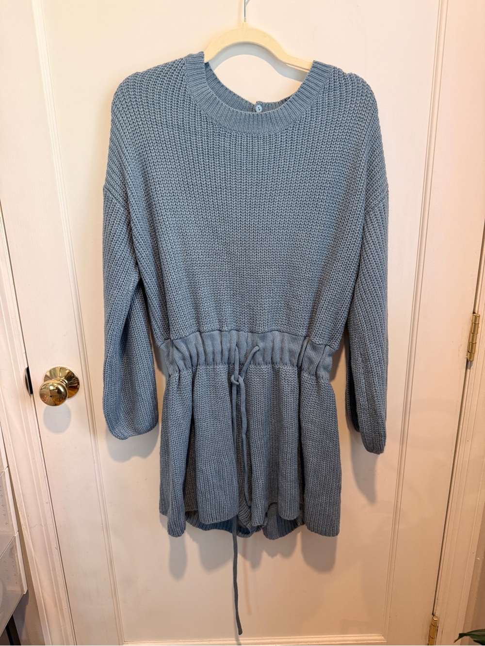 Amazon Dusty Blue Knit Romper with Cinch Waist